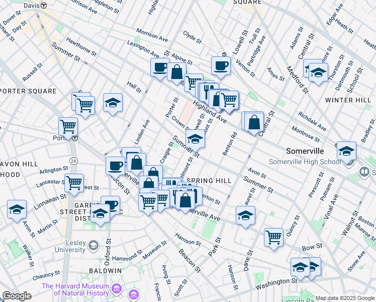 map of restaurants, bars, coffee shops, grocery stores, and more near 194 Summer Street in Somerville