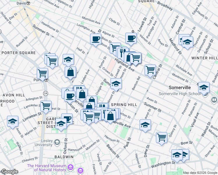 map of restaurants, bars, coffee shops, grocery stores, and more near 74 Lowell Street in Somerville