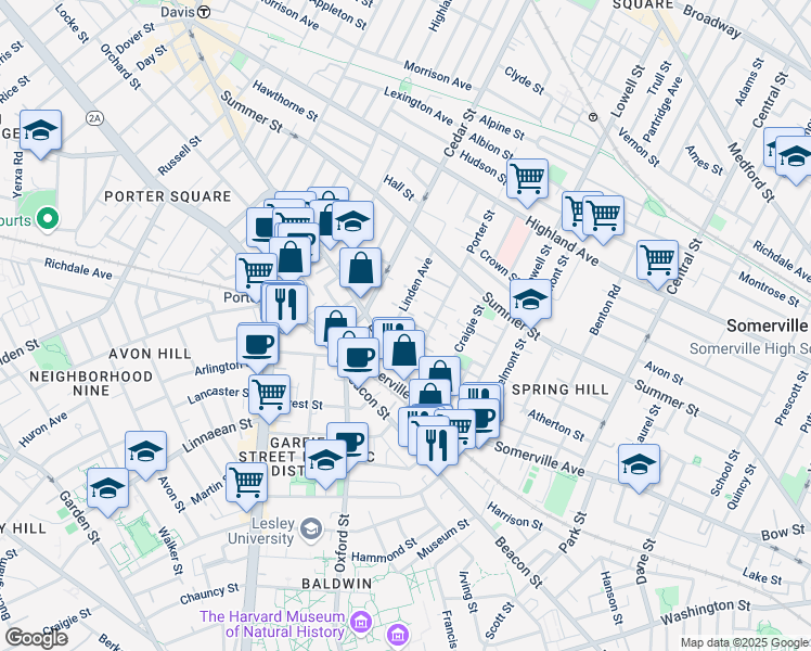 map of restaurants, bars, coffee shops, grocery stores, and more near 16 Porter Street in Somerville