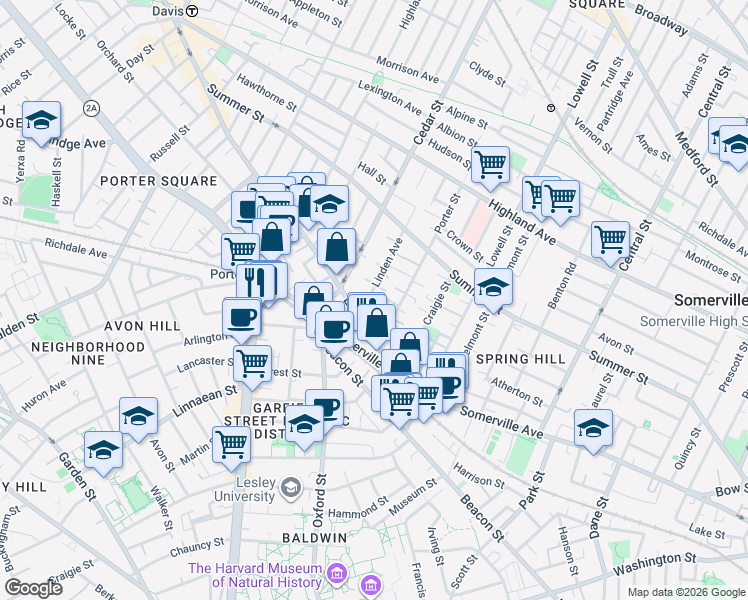 map of restaurants, bars, coffee shops, grocery stores, and more near 16 Porter Street in Somerville