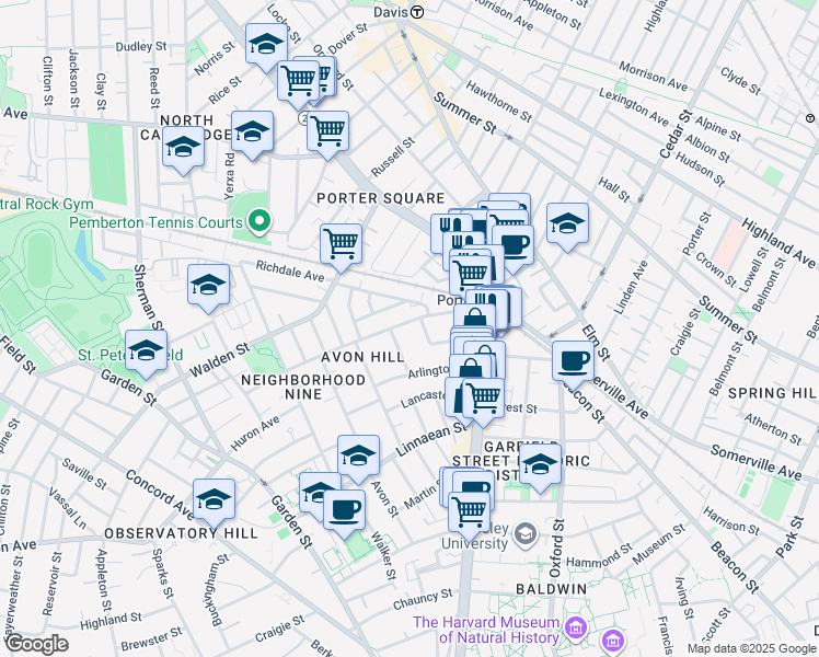 map of restaurants, bars, coffee shops, grocery stores, and more near 7 Walnut Avenue in Cambridge