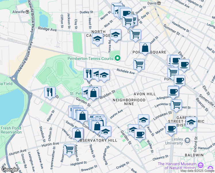 map of restaurants, bars, coffee shops, grocery stores, and more near 225 Walden Street in Cambridge
