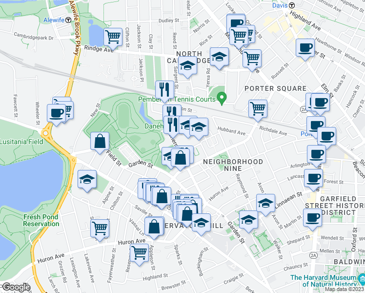 map of restaurants, bars, coffee shops, grocery stores, and more near 57 Sherman Street in Cambridge