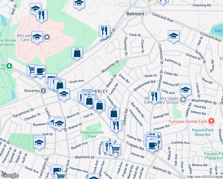 map of restaurants, bars, coffee shops, grocery stores, and more near 46-48 Wiley Road in Belmont