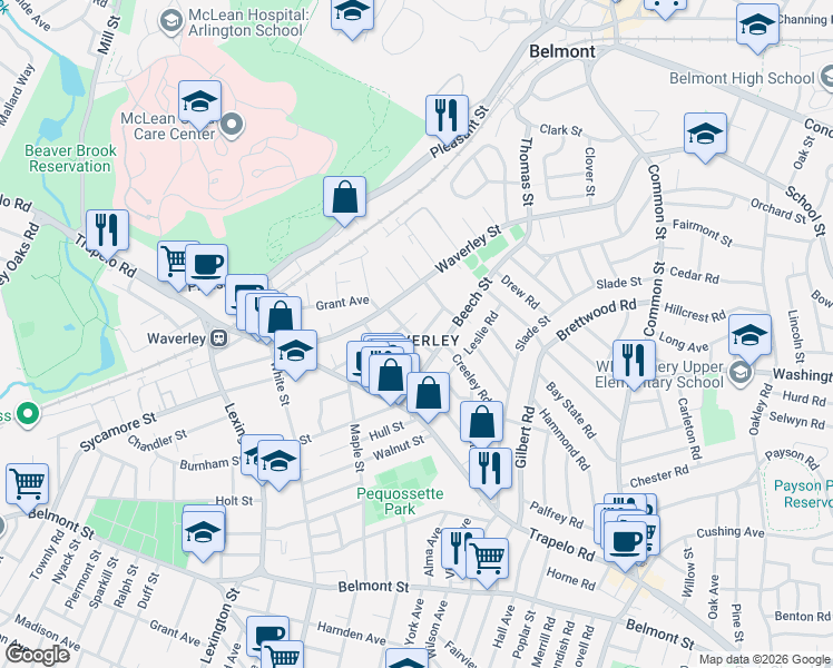 map of restaurants, bars, coffee shops, grocery stores, and more near in Belmont