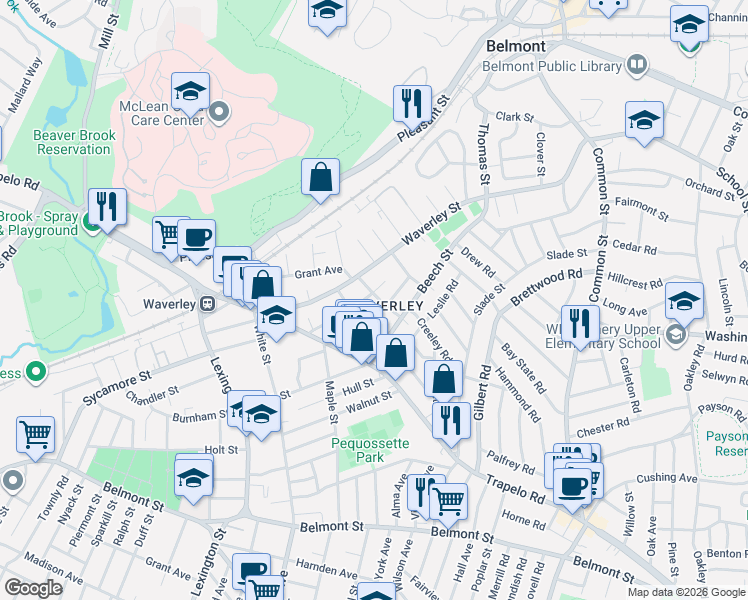 map of restaurants, bars, coffee shops, grocery stores, and more near 30 Davis Road in Belmont