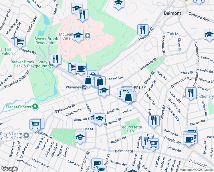 map of restaurants, bars, coffee shops, grocery stores, and more near 439 Trapelo Road in Belmont