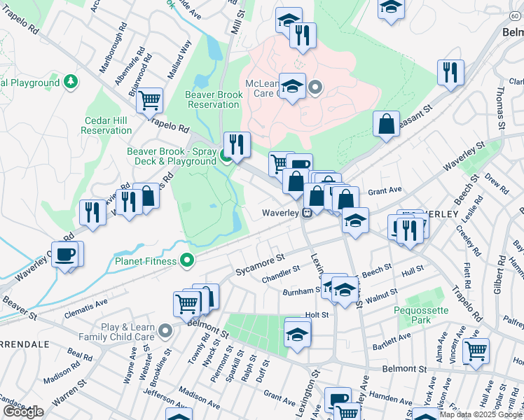 map of restaurants, bars, coffee shops, grocery stores, and more near 40 Moraine Street in Belmont