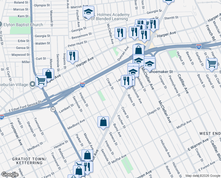 map of restaurants, bars, coffee shops, grocery stores, and more near 5980 Fischer Street in Detroit