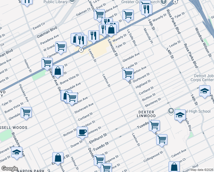 map of restaurants, bars, coffee shops, grocery stores, and more near 2953 Fullerton Avenue in Detroit