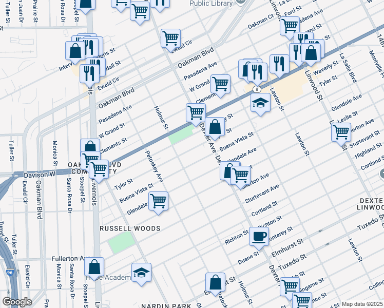 map of restaurants, bars, coffee shops, grocery stores, and more near 3814 Buena Vista Street in Detroit