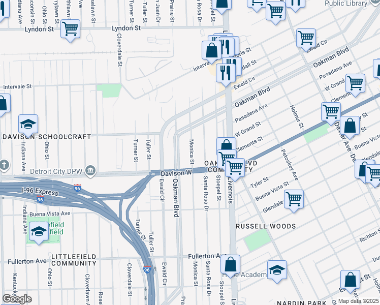 map of restaurants, bars, coffee shops, grocery stores, and more near 2985 Oakman Boulevard in Detroit