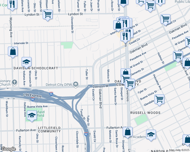 map of restaurants, bars, coffee shops, grocery stores, and more near 2977 Ewald Circle in Detroit