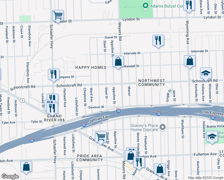 map of restaurants, bars, coffee shops, grocery stores, and more near 13586 Steel Street in Detroit