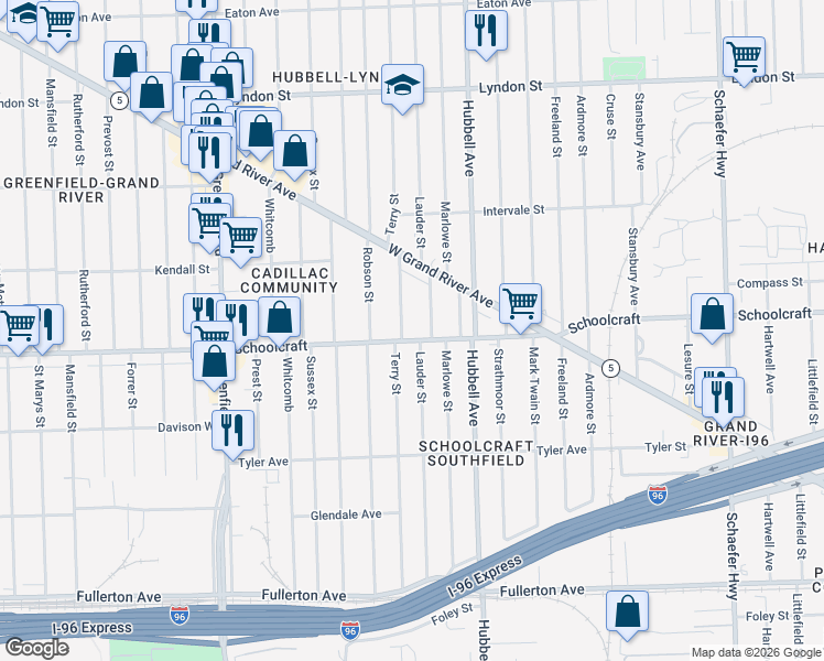 map of restaurants, bars, coffee shops, grocery stores, and more near 13415 Terry Street in Detroit