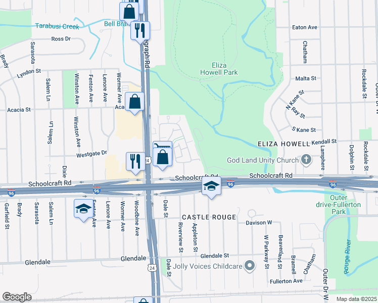 map of restaurants, bars, coffee shops, grocery stores, and more near 14200 Riverview Street in Detroit