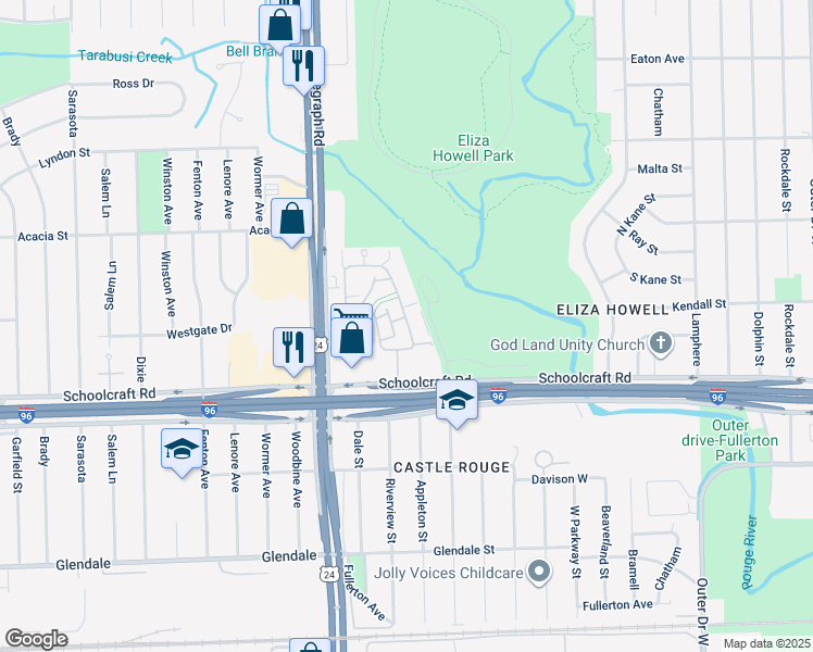 map of restaurants, bars, coffee shops, grocery stores, and more near 14200 Riverview Street in Detroit