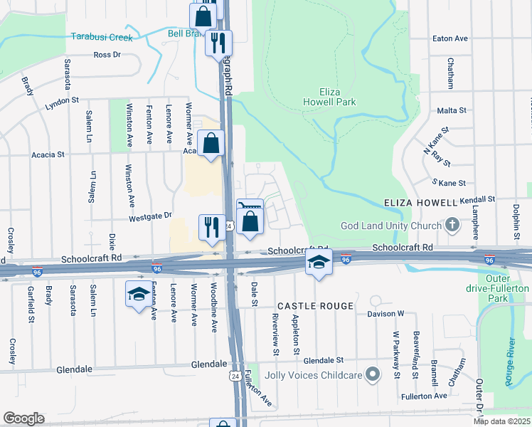 map of restaurants, bars, coffee shops, grocery stores, and more near 23814 Schoolcraft Road in Detroit