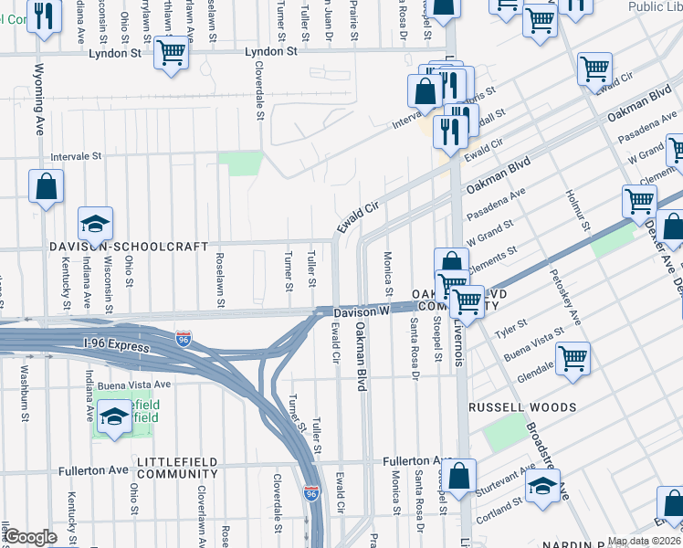 map of restaurants, bars, coffee shops, grocery stores, and more near 2977 Ewald Circle in Detroit