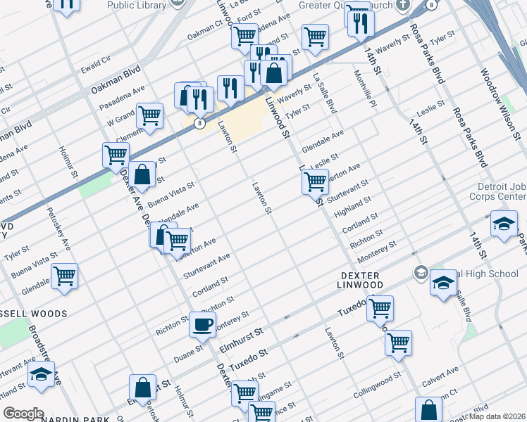 map of restaurants, bars, coffee shops, grocery stores, and more near 2953 Fullerton Avenue in Detroit