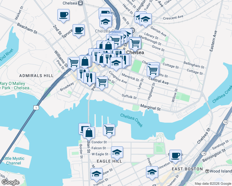 map of restaurants, bars, coffee shops, grocery stores, and more near 17 Suffolk Street in Chelsea