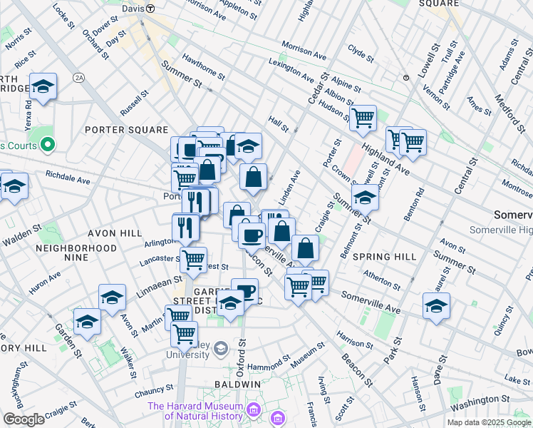 map of restaurants, bars, coffee shops, grocery stores, and more near 45 Elm Street in Somerville