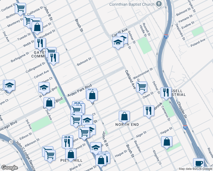 map of restaurants, bars, coffee shops, grocery stores, and more near 9429 Brush Street in Detroit