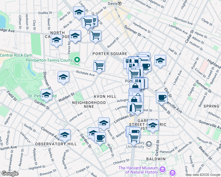 map of restaurants, bars, coffee shops, grocery stores, and more near 7 Walnut Avenue in Cambridge