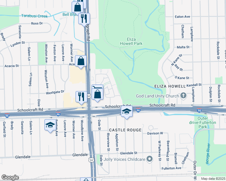 map of restaurants, bars, coffee shops, grocery stores, and more near 14200 Riverview Street in Detroit