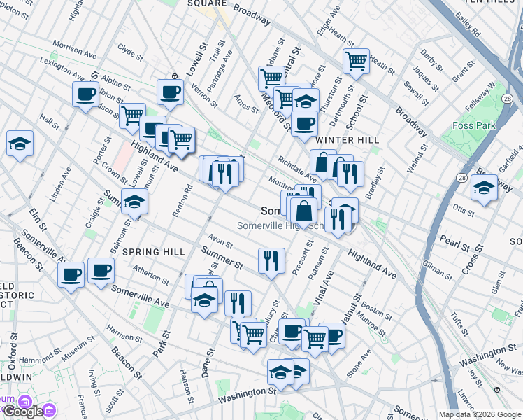 map of restaurants, bars, coffee shops, grocery stores, and more near in Somerville