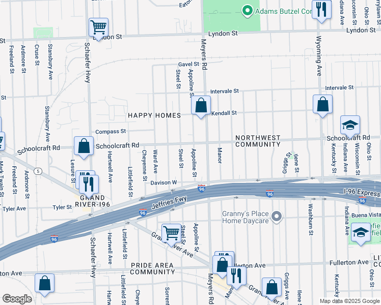 map of restaurants, bars, coffee shops, grocery stores, and more near 13586 Steel Street in Detroit