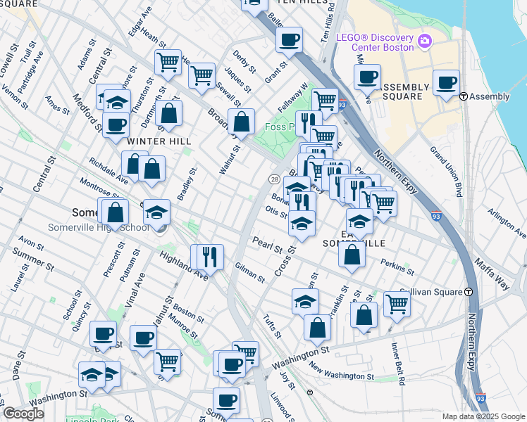 map of restaurants, bars, coffee shops, grocery stores, and more near 34 Everett Avenue in Somerville
