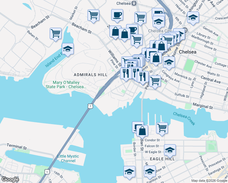 map of restaurants, bars, coffee shops, grocery stores, and more near 22 Front Street in Chelsea
