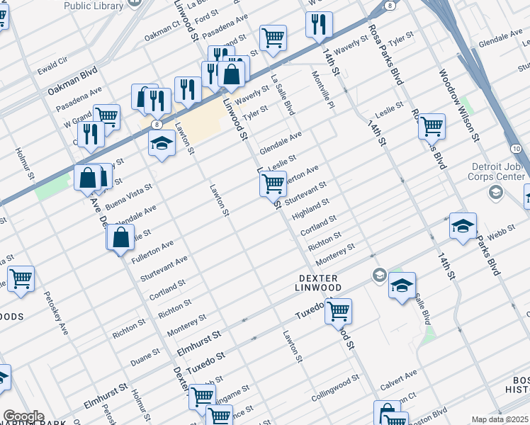 map of restaurants, bars, coffee shops, grocery stores, and more near 2644 Sturtevant Street in Detroit
