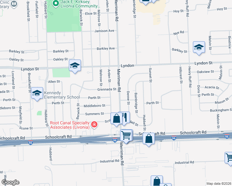 map of restaurants, bars, coffee shops, grocery stores, and more near 14165 Merriman Road in Livonia