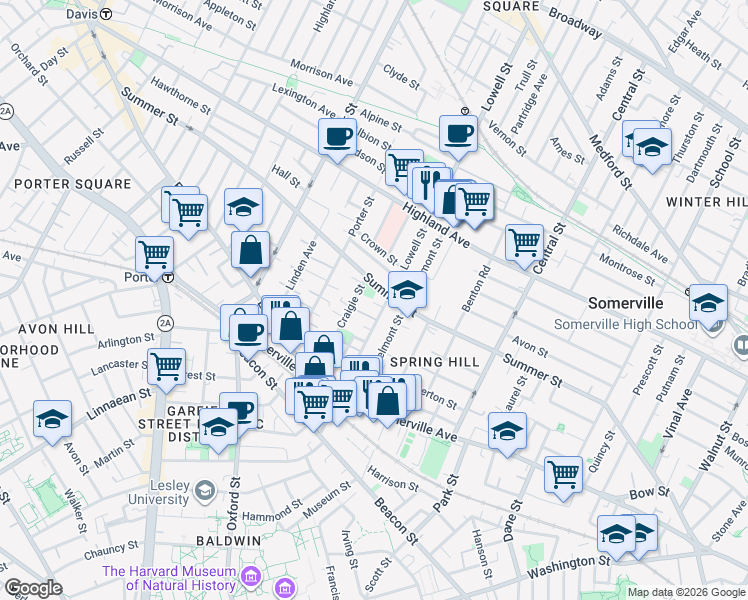 map of restaurants, bars, coffee shops, grocery stores, and more near 74 Lowell Street in Somerville