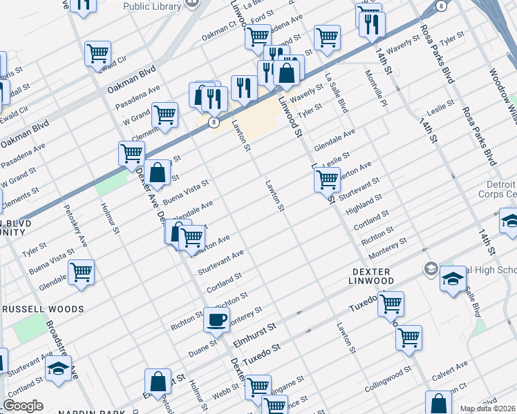 map of restaurants, bars, coffee shops, grocery stores, and more near 2953 Fullerton Avenue in Detroit