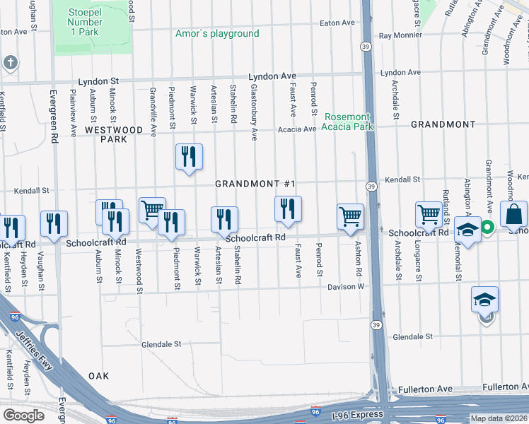 map of restaurants, bars, coffee shops, grocery stores, and more near 13928 Glastonbury Avenue in Detroit