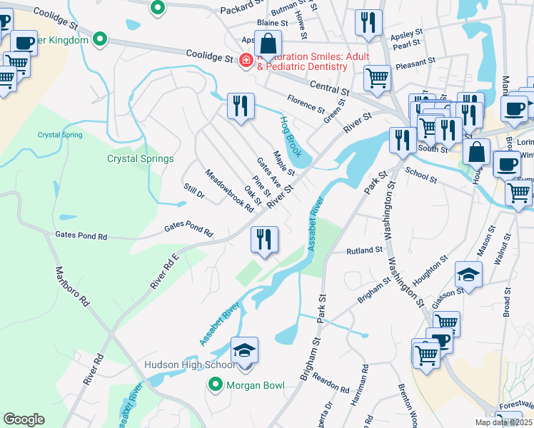 map of restaurants, bars, coffee shops, grocery stores, and more near 142 River Street in Hudson