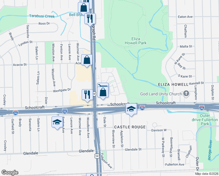 map of restaurants, bars, coffee shops, grocery stores, and more near 23814 Schoolcraft Road in Detroit
