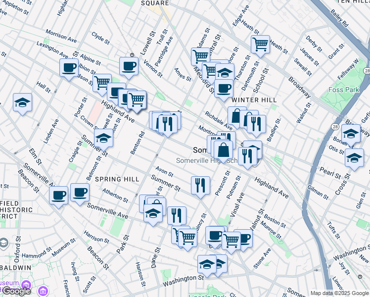 map of restaurants, bars, coffee shops, grocery stores, and more near 134 Highland Avenue in Somerville