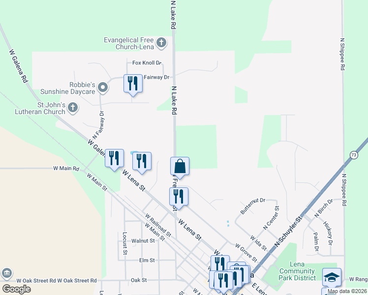 map of restaurants, bars, coffee shops, grocery stores, and more near 6037 North Lake Road in Lena