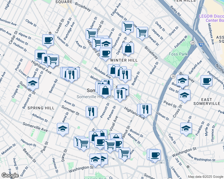 map of restaurants, bars, coffee shops, grocery stores, and more near 81 Highland Avenue in Somerville