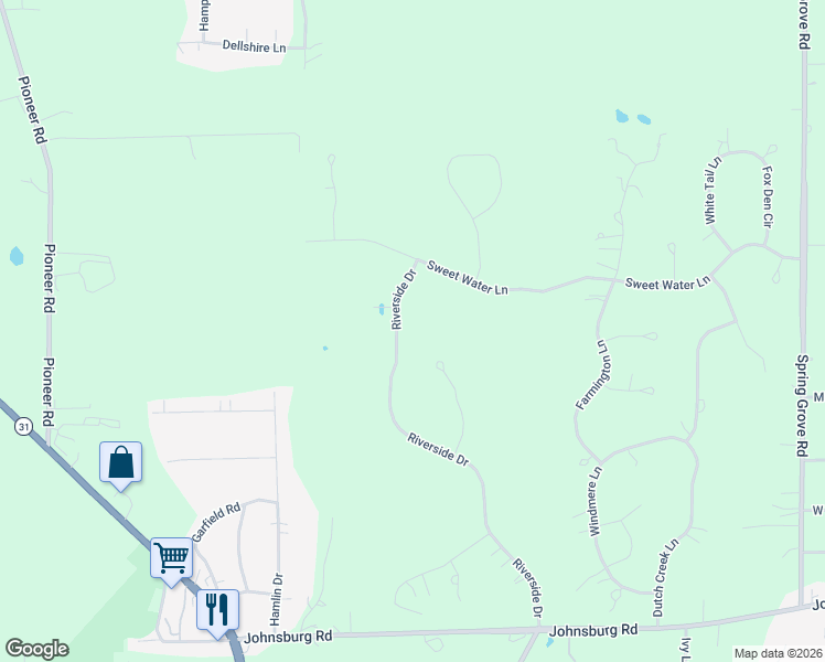 map of restaurants, bars, coffee shops, grocery stores, and more near 4110 Riverside Drive in Johnsburg