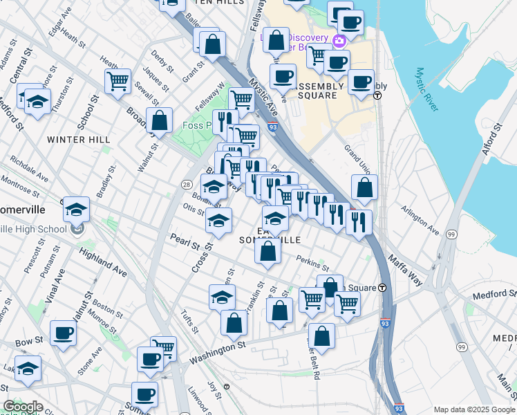 map of restaurants, bars, coffee shops, grocery stores, and more near 27 Glen Street in Somerville