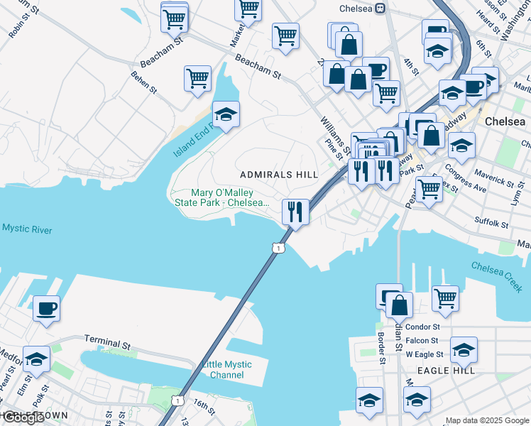 map of restaurants, bars, coffee shops, grocery stores, and more near 1 Broadway in Chelsea