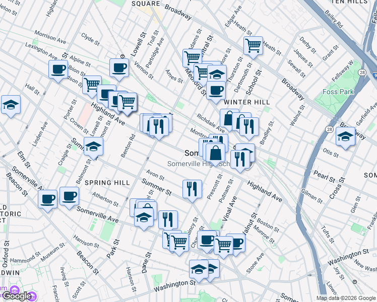 map of restaurants, bars, coffee shops, grocery stores, and more near in Somerville