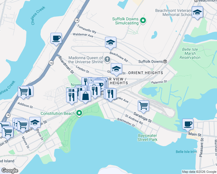 map of restaurants, bars, coffee shops, grocery stores, and more near in Boston