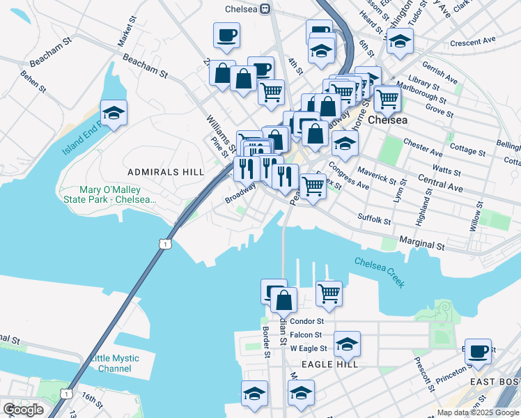 map of restaurants, bars, coffee shops, grocery stores, and more near 5 Winnisimmet Street in Chelsea