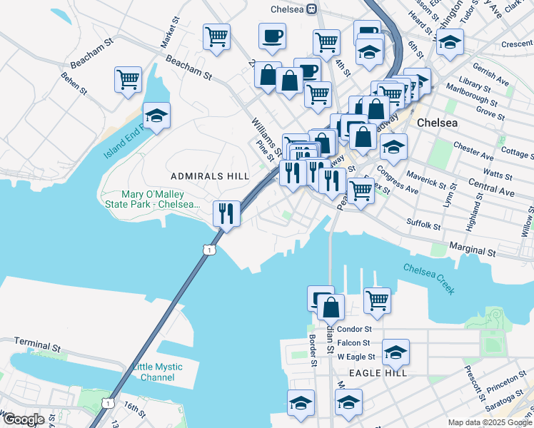 map of restaurants, bars, coffee shops, grocery stores, and more near 22 Front Street in Chelsea